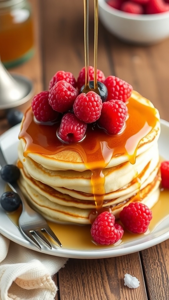 Buttermilk Pancakes Recipe Fluffy buttermilk pancakes with maple syrup and fresh berries on a rustic table.